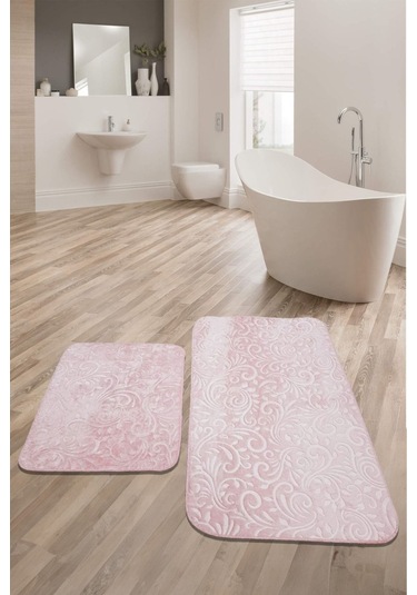 Emboss 2 Parça Pudra Peluş Banyo Paspası Takımı Kaymaz Taban Antrasit