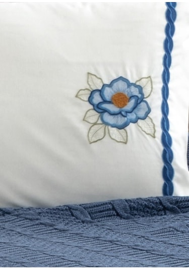 Triko Örme Nakışlı Battaniye Takımı-tivoli Rosetta Indigo