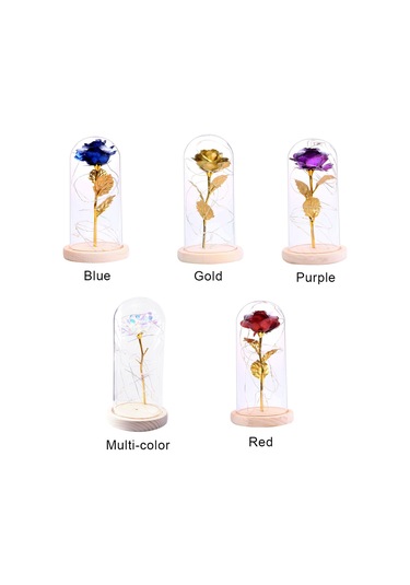 Geeksen Kurutulmuş Gül Led Işık Cam Kapak Ahşap Taban - Doğum Günü, Düğün, Sevgililer Hediye Altın