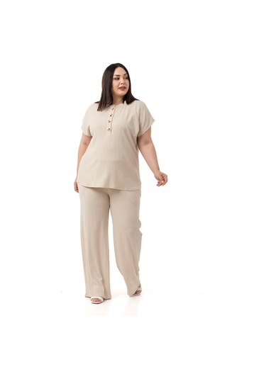 Büyük Beden Düşük Kollu Bluz Pantolon Bej Rengi İkili Takım Bej