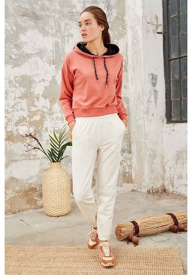 Tommy Life Pudra Uzun Kol Rahat Form Kapüşonlu Kadın Sweatshirt - 97115 Pudra
