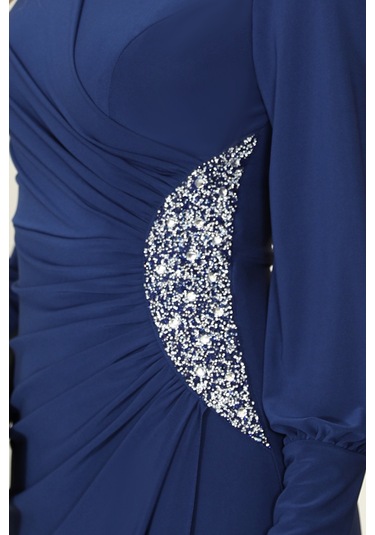 Taş Detaylı Lavinni Tesettür Abiye Elbise İndigo