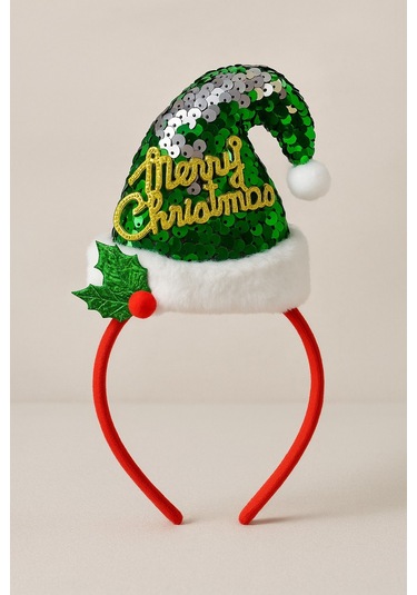 Yılbaşı Yeni Yıl Parlak Yeşil Pullu Merry Christmas Şapkalı Kırmızı Taç Parti Aksesuarı