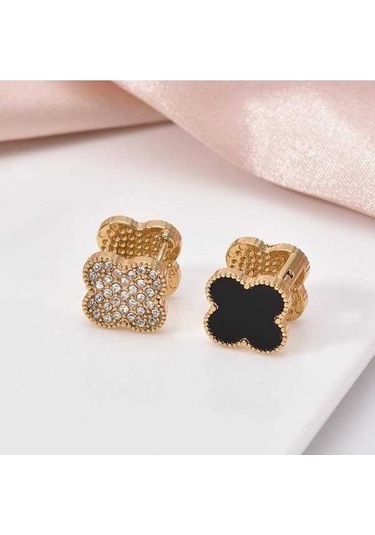 Novahub Moda Küpe, Siyah Titanyum Çelik, Kayıp Yok, Çift Taraflı Dört Yapraklı Yonca, Pırlantalı Kadın Küpe Tokası, 1.3x1.3cm, Kadın İçin Siyah