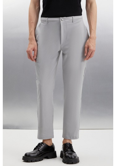 Vassel Erkek 360 Derece Esneyen Teknik Kumaşlı Fermuarlı Kordonlu Boru Paça Gri Pantolon