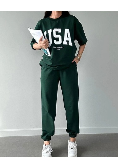 Usa T-shirt Eşofman Altı Jogger- Yeşil Baskılı Alt Üst Eşofman Takım Oversize Bisiklet Yaka Yeşil