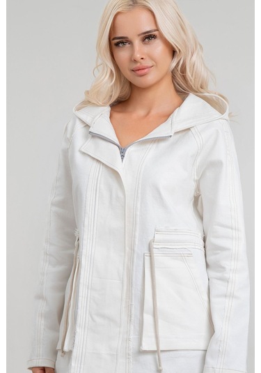 Kadın Power Likralı Pamuklu Kumaş Kapişonlu Fermuarlı Kordonlu Pis Dikişli Mont Ekru