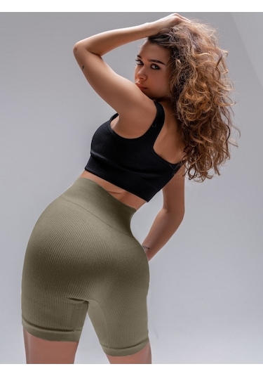 Mistirik Dublin Model Yüksek Bel Fitilli Seamless Biker Şort Camel Renk027 Camel