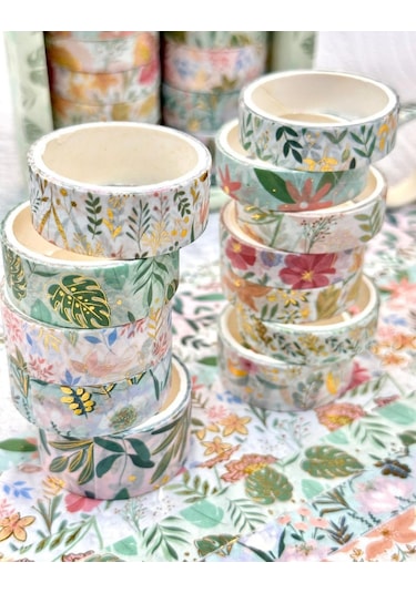 Kare Vintage Washi Tape Bant Yapışkanlı Maskeleme Kağıdı Desenli Bant 12'li - Yeşil Çiçekler 1