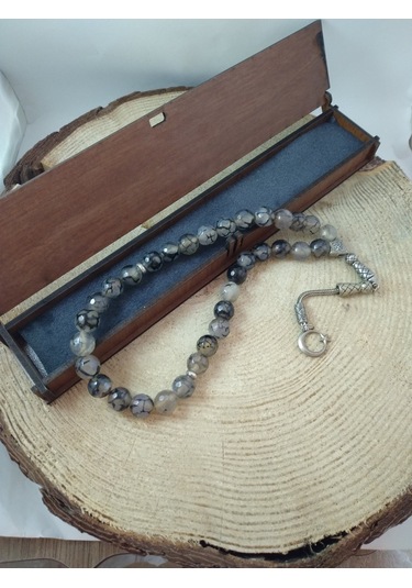 Gri Damarlı Akik Taşı Tespih Ahşap Kutulu / 10 MM Doğaltaş Tespih