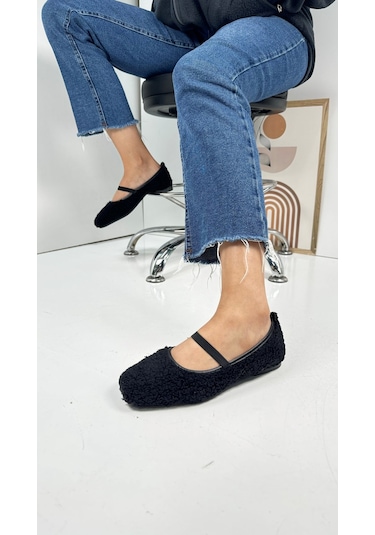 Günlük Kadın Babet Peluş Lastikli Oval Burunlu Alçak Topuklu Tırtıklı Tabanlı Ayakkabı 369 Siyah