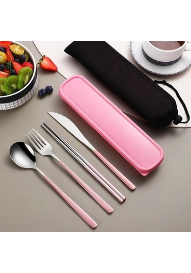 Agoodshop Paslanmaz Çelik Sofra Seti Taşınabilir Çatal Bıçak Takımı Yemek Bıçağı Çatal Silver-pink Pembe Pembe