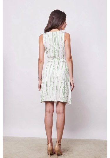 Kadın Desenli Degaje Yakalı Kolsuz Eteği Kiloş Likralı Hafif Parlak Kumaş Elbise-mint Desen Mint Dsn.