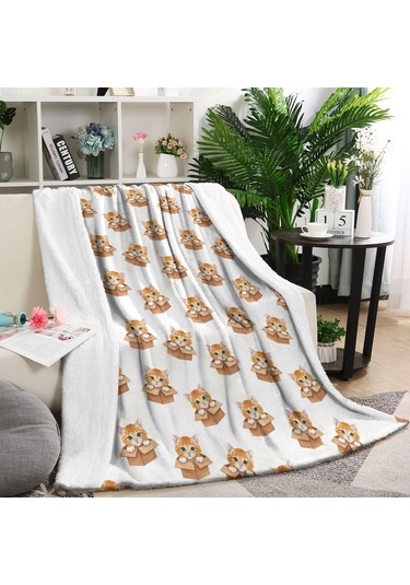 Cat Desenli 60x80 İnç Flanel Polar Battaniye, Yumuşak Ve Kalın, Tüm Mevsimler-a2 Cat Box Orange
