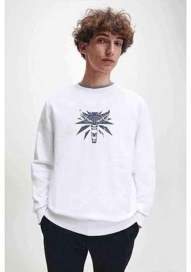 Witcher Baskılı Beyaz Erkek Örme Sweatshirt