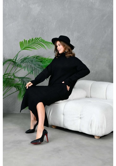 Kadın Balıkçı Yaka Oversize Kazak Uzun Etek İkili Triko Takım Siyah