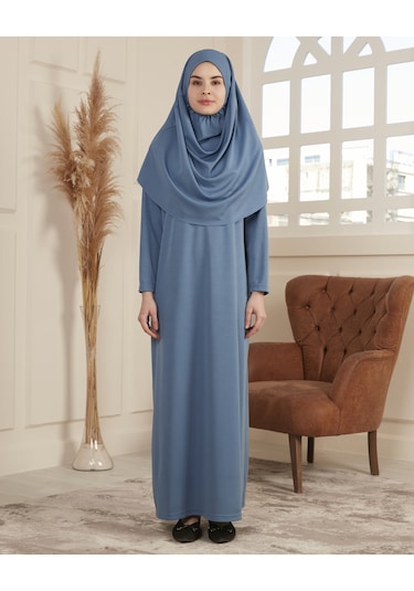 Kol Detaylı Namaz Elbisesi Tek Parça Kendiliğinden Başörtülü İndigo