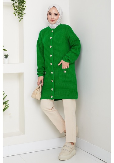 Lezgi Düğmeli Triko Hırka 1599 - Yeşil Yeşil