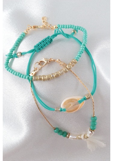 3lü Deniz Kabuklu İncili Püsküllü Asansörlü Lastikli Turkuaz İp Bileklik. Kadın İp Bileklik Halhal Çok Renkli