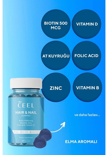 VitaCeel Saç Tırnak Vitamini Çiğnenebilir Vegan Gummy Biotin 5000, Vitamin D, Çinko, Folik Asit, At Kuyruğu
