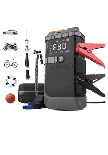 12.000mah Araç Akü Şarj Takviyeli Işıklı Hava Kompresörü Akü Takviye Cihazı 4'ü 1 Arada Powerbank