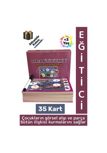 Eğitici Çocuk Görsel Algı Beceri Geliştirici Silinebilir Kalem 35 Kart Parça Bütün İlişkisi 3-6 Yaş