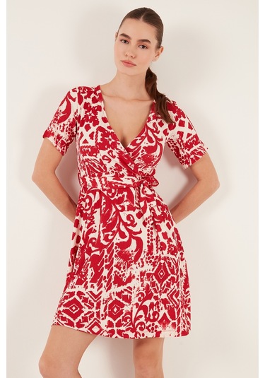 Lela Desenli Kruvaze Yaka Regular Fit Bayan Elbise 5865723 Bordo