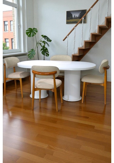 Bohem İskandinav Masa Sandalye Takımı 4 Adet Polo Sandalye Mdf Beyaz Oval Masa Modern Şık Beyaz