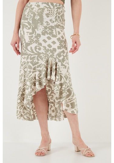 Lela Regular Fit Desenli Yüksek Bel Volanlı Midi Boy Yırtmaçlı Bayan Etek 5869013 Olive