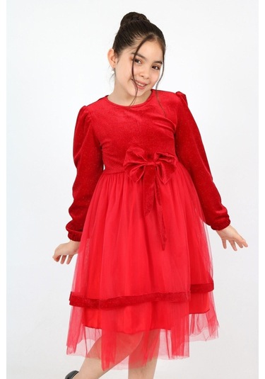 Kız Çocuk Kadife Kumaş Tül Detaylı Diz Boyu Tokalı Elbise Kırmızı