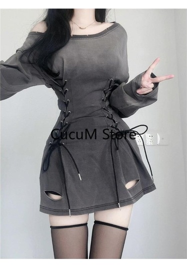 Yeni Fairycore Grunge Goth Korse Elbise Kadın Estetik Harajuku Streetwear Bandaj Ince Bodycon Elbise Y2k 90s Bağımsız Giysiler Koyu Gri