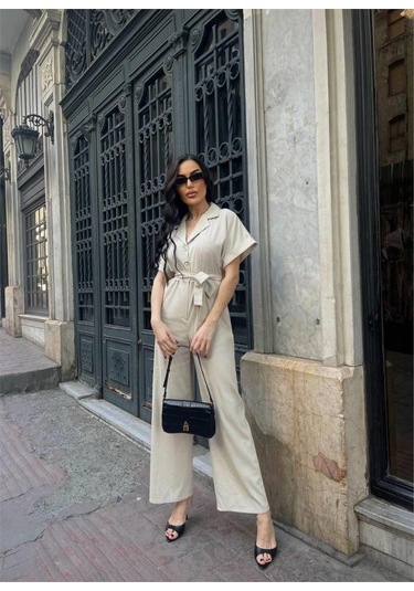 Ahes Shopping Keten Tulum Bel Bağlama Detaylı - Krem Krem