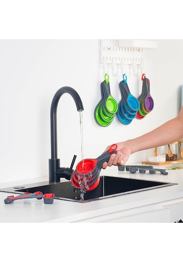 Yeşil Silikon Ölçüm Kabı Ve Kaşık Seti Katlanabilir Pişirme Ölçüm Aracı Kaşık Pişirme İçin Mutfak El Sanatları Yapımı Kahve Unu Bal 4pcs