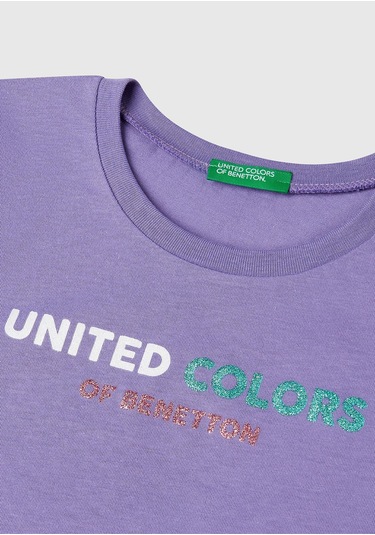Kız Çocuk Mor Simli Logo Baskılı T-shirt Mor