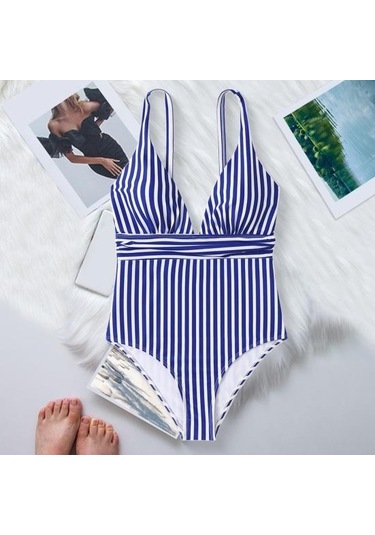 Yaz Monokini V Yaka Askılı Sırtı Açık Tek Parça Bikini Çizgili Baskılı Hızlı Kuruyan Slim Fit Vücut Şekillendirici Monokini Koyu Mavi Yaz Monokini V Yaka Askılı Sırtı Açık Tek Parça Bikini Çizgili Baskılı Hızlı Kuruyan Slim Fit Vücut Şekillendirici Monokini Koyu Mavi
