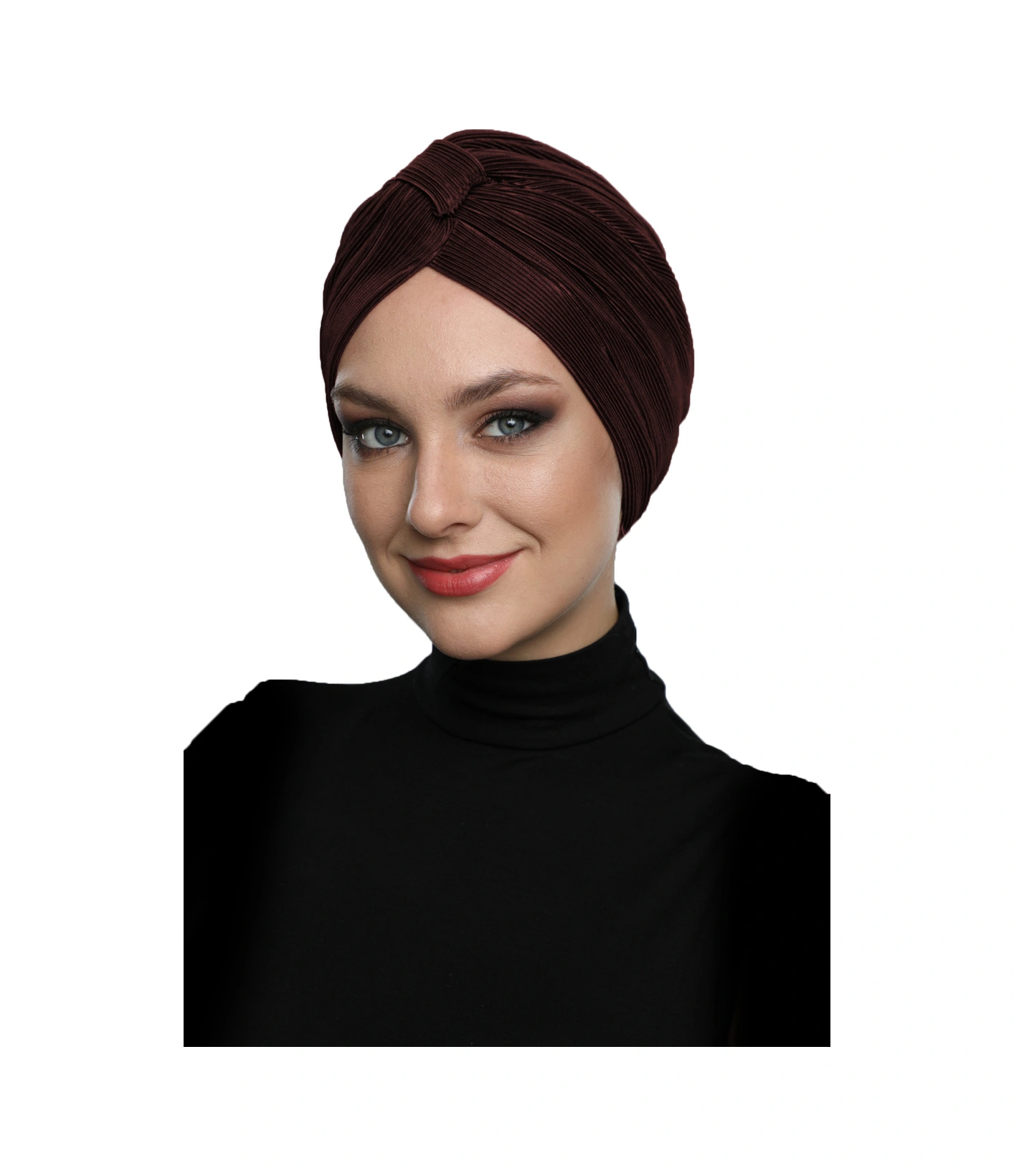 Çapraz Plise Bantlı Astarlı Kahverengi Hazır Türban Tesettür Havuz Bonesi Kahve