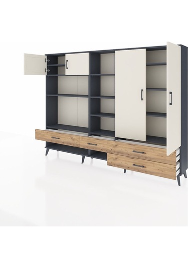 Arges Dolap 12 Raflı 4 Çekmeceli 4 Kapaklı 220x30x163 Antrasit-ay Antrasit-aytaşı/çam