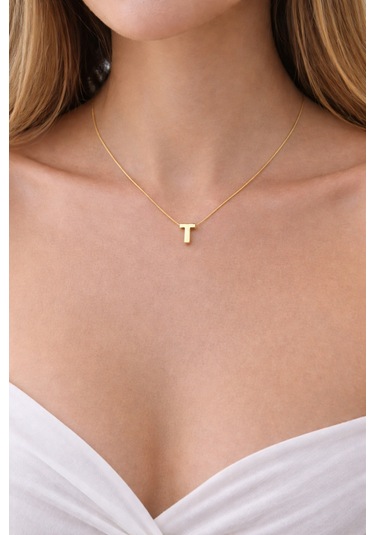 14k Altın Renginde T Harf Minimal Model Çelik Kadın Kolye Altın