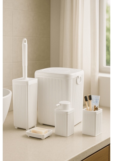 Lines Serisi Beyaz Banyo Seti, 5 Parça Akrilik Kare 5 Litre Çöp Kovası, Sabunluk, Fırçalık Takımı 3462 Beyaz