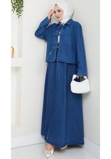 Tesettür Kadın Fiyonklu Etekli Kot Takım Koyu Mavi Tesettür Kadın Fiyonklu Etekli Kot Takım Koyu Mavi