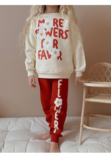 Kız Çocuk Papatya Desenli 3 İplik Şardonlu Takım Kırmızı