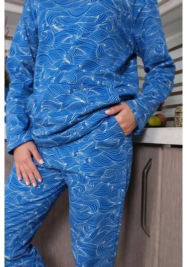 Akbeniz Kadın Pamuk Kapşonlu Cepli 3 İplik Saks Eşofman Takım 9037-saks Saks