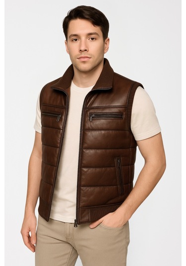 Derije Max Hakiki Deri Erkek Kahverengi Triko Detaylı Şişme Yelek