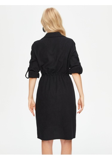 Kendinden Dokulu Şönil Gömlek Elbise 69228 U6922810 Siyah