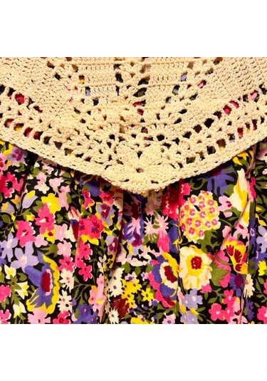 Uretti - Filiz 9248 - Kız Çocuk Örme Kafesli Robalı Çiçek Desenli Elbise 5 Yaş - Bej Çok Renkli