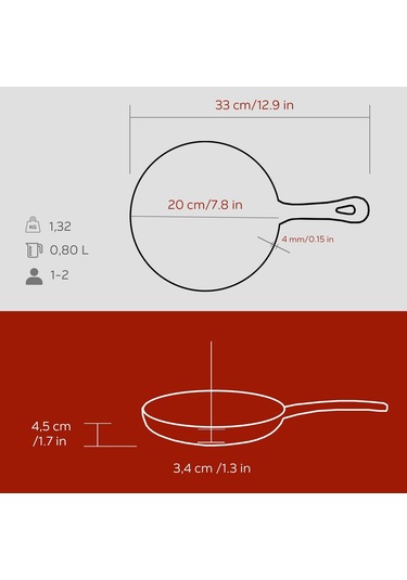 Lava Döküm Yuvarlak Kızartma Tavası Yekpare Saplı. Çap Ø 20cm. Bordo