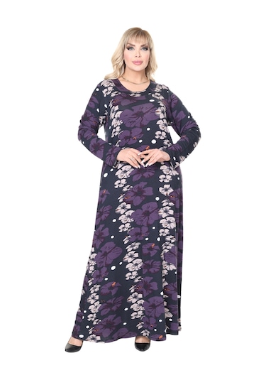 Melsay Butik Mor Gelincik Desen Uzun Kollu Kadın Tesettür Elbise Mor