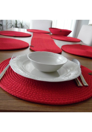 Kırmızı 6 Kişilik 8 Parça Amerikan Servis, Hasır Supla Takımı, Ta Kırmızı