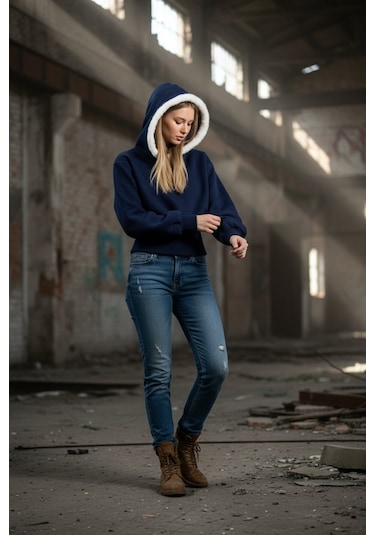 Kapşonlu Peluş Detaylı Sweatshirt Mavi