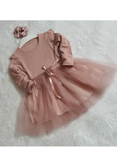 Kız Çocuk Gül Kurusu Tül Pamuklu Uzun Kol Özel Gün Doğum Günü Abiye Hediye Günlük Prenses Elbise Pembe
